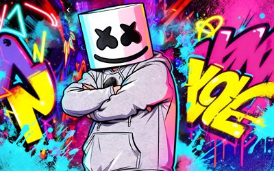 dj marshmello, arte abstracto, christopher comstock, pintada, máscara de marsmellow, estrellas de la musica, fondo abstracto colorido, cantantes populares, dj americano, superestrellas, marsmello, dj, marshmello 4k
