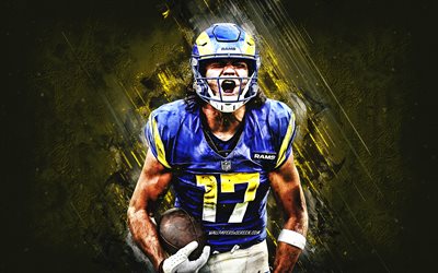 Puka Nacua, Los Angeles Rams, yellow stone background, grunge art, NFL, American football, USA, Puka Nacua Rams, Makea Puka Nacua