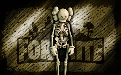 KAWS Skeleton Fortnite, 4k, brown diagonal background, grunge art, Fortnite, artwork, KAWS Skeleton Skin, Fortnite characters, KAWS Skeleton, Fortnite KAWS Skeleton Skin