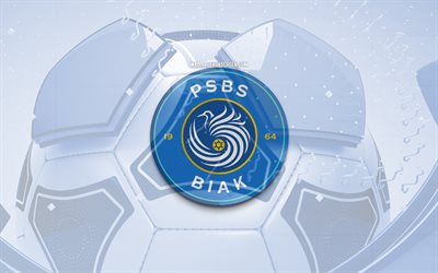 PSBS Biak glossy logo, 4K, blue football background, Liga 1 Indonesia, soccer, Indonesian football club, PSBS Biak emblem, PSBS Biak, football, sports logo, PSBS Biak logo, PSBS Biak FC