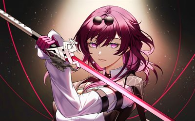 Kafka, 4k, battle, Honkai Star Rail, purple sword, manga, anime characters, red flowers, Honkai Star Rail characters, Kafka Honkai Star Rail