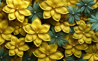 yellow 3D flowers, 4k, artwork, 3D floral patterns, floral backgrounds, creative, 3D flowers, yellow flowers, background with flowers, yellow floral backgrounds
