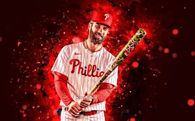 bryce harper, 4k, kırmızı neon işıklar, philadelphia phillies, mlb, amerikan beyzbol oyuncuları, bryce harper 4k, beyzbol, major league beyzbol, arp, bryce harper philadelphia phillies
