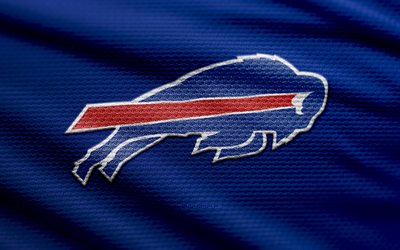 Buffalo Bills fabric logo, 4k, blue fabric background, NFL, bokeh, american football, Buffalo Bills logo, Buffalo Bills emblem, american football team, Buffalo Bills