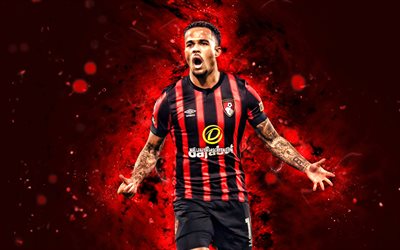 4k, justin kluivert, roter abstrakter hintergrund, bournemouth fc, premier league, niederländische fußballer, justin kluivert 4k, fußball, rote neonlichter, afc bournemouth, justin kluivert bournemouth