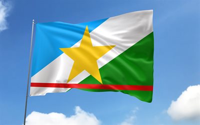 roraiman lippu lipputankoon, 4k, brasilian valtiot, sininen taivas, roraiman lippu, aaltoilevat satiiniliput, brasilian osavaltiot, lipputapa liput, roraiman päivä, brasilia, rorima