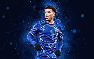 4k, jadon sancho, sfondo astratto blu, chelsea fc, premier league, calcio, calciatori inglesi, jadon sancho 4k, luci al neon blu, jadon sancho chelsea