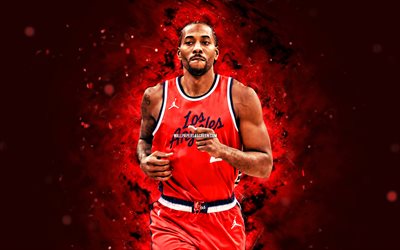 4k, Kawhi Leonard, red neon lights, Los Angeles Clippers, NBA, American basketball players, Kawhi Leonard 4k, basketball, LA Clippers, basketball stars, Kawhi Leonard LA Clippers