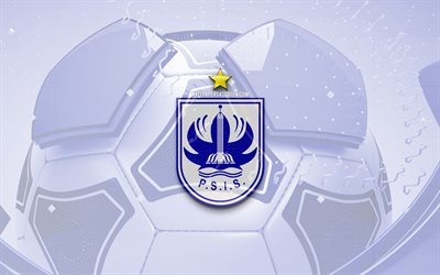 PSIS Semarang glossy logo, 4K, blue football background, Liga 1 Indonesia, soccer, Indonesian football club, PSIS Semarang emblem, PSIS Semarang, football, sports logo, PSIS Semarang logo, PSIS Semarang FC