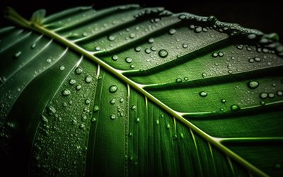 grünes blatt, 4k, nahaufnahme, tau, wassertropfen, natürliche konzepte, hintergrund mit blatt, blätter