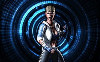Cassie Cage, 4k, blue spiral background, Mortal Kombat Mobile, creative, Mortal Kombat, Cassie Cage MK Mobile, Mortal Kombat characters