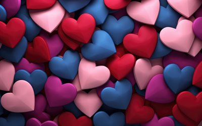 colorful 3D hearts, 4k, love concepts, background with hearts, Happy Valentines Day, romance, 3D hearts, February 14, love card background, hearts