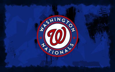 washington nationals grunge logosu, 4k, mlb, mavi grunge arka plan, beyzbol, washington nationals amblemi, washington nationals logosu, amerikan beyzbol takımı, washington nationals