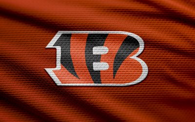 cincinnati bengals kumaş logosu, 4k, turuncu kumaş arka plan, nfl, bokh, amerikan futbolu, cincinnati bengals logosu, cincinnati bengals amblemi, amerikan futbol takımı, cincinnati bengals