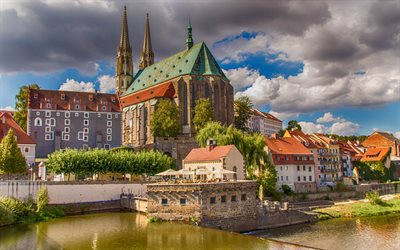 floden, görlitz, tyskland, sachsen, kyrkan, saints peter och paul, sightseeing i tyskland