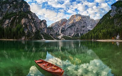 Lake Bryes, Italy, mountains, reflection, South Tyrol, Dolomites