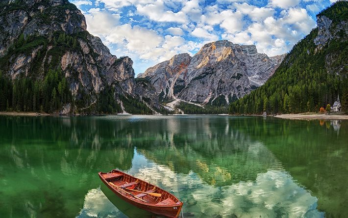 Lake Bryes, İtalya, dağlar, yansıma, South Tyrol ve Dolomites'in