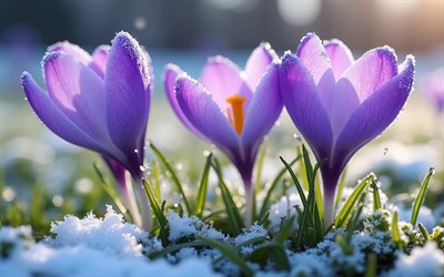 violet crocuses, 4k, bokeh, spring flowers, awakening of nature, melting snow, pictures with crocuses, spring, crocuses, beautiful flowers