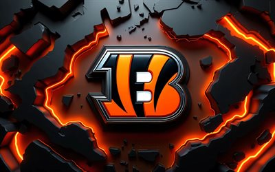 logotipo de metal de los cincinnati bengals, 4k, fondo negro 3d, nfl, fútbol americano, logotipo de los bengals de cincinnati, luces de neón naranjas, logotipo 3d de los cincinnati bengals, emblema de los osos de chicago, equipo de fútbol americano, bengals de cincinnati