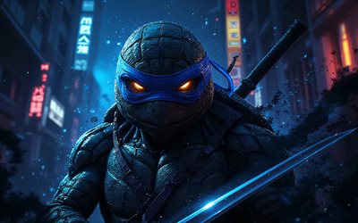 léonard, 4k, yeux de feu, crépuscule, art 3d, tortues ninja adolescentes mutantes, obscurité, rue, caractères tmnt, tortues mutées, léonard 3d, tmnt, tortues ninja, léonard tmnt, léonard 4k