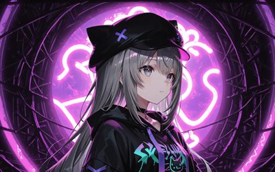 Neneko Mashiro, 4k, purple neon lights, darkness, Virtual YouTuber, black hat, creative background, artwork, VTuber, girl with blue eyes, Neneko Mashiro StelLive, manga, StelLive channel, StelLive Virtual YouTuber