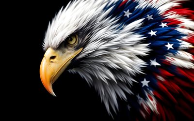 4k, pygargue à tête blanche avec drapeau américain, symboles nationaux américains, drapeau pygargue à tête blanche peint aux etats unis, jour de l'indépendance, quatrième juillet, 4 juillet, drapeau des états unis, pygargue à tête blanche, drapeau américain, usa