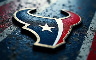 Houston Texans metal logo, 4k, blue red metal background, NBA, Houston Texans logo, Houston Texans emblem, USA, Houston Texans, American football, NFL