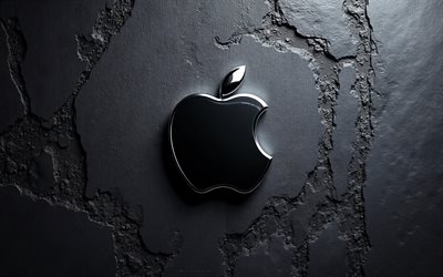 logotipo metálico de manzana, 4k, fondo de pared negro, logotipo oscuro de apple, logotipo de apple en 3d, signo de manzana, símbolo de manzana, emblema de manzana, logotipo de manzana, manzana