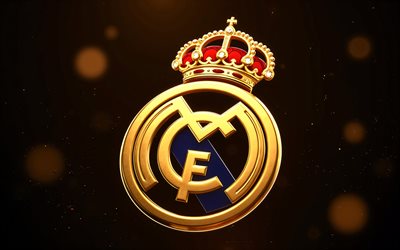 Real Madrid 3D gold logo, 4K, dark background, Real Madrid CF, Real Madrid emblem, Real Madrid logo, Real Madrid sign, Spain, football, Real Madrid