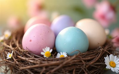 Easter eggs, 4k, daisies, Happy Easter, decorated eggs, Easter decorations, Easter eggs in a nest, Easter