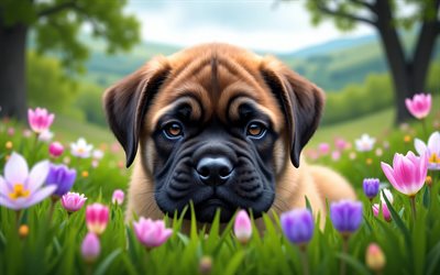 جرو بولماستيف, 4k, ربيع, خوخه, كلاب, حيوانات لطيفة, الجراء, حيوانات أليفة, بولماستيف, زهور الربيع, جرو على العشب, كلب بولماستيف