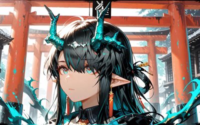 4k, oscuridad, de cerca, puerta torii, arknights, brillo turquesa, manga, torii, todo es un milagro, nm02, personajes de anime, personajes de arknights, arknights del anochecer