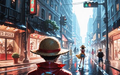 4k, monkey d luffy, vista trasera, calle, una pieza, sombrero de paja, quinta marcha, manga, minimalismo, arte abstracto, personajes de una pieza, engranaje 5, obra de arte, gomu gomu no mi, mono d luffy una pieza