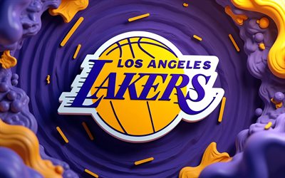 los angeles lakers 3d logotyp, 4k, violett gul 3d bakgrund, nba, basketboll, los angeles lakers logotyp, los angeles lakers emblem, amerikansk basketlag, los angeles lakers, la lakers