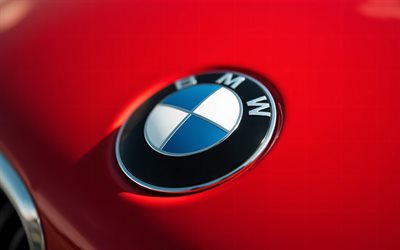 logotipo de bmw, 4k, capucha roja, logotipo 3d de bmw, signo de bmw, logotipo de bmw en un capó rojo, coches alemanes, emblema de bmw, bmw