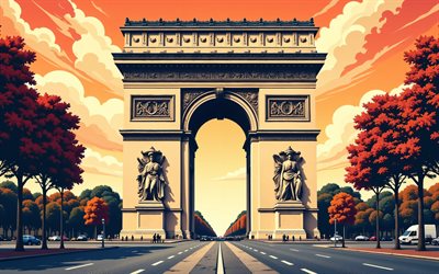arco de triunfo, parís, 4k, arte vectorial, noche, atardecer, dibujo del arco de triunfo, arco de triunfo vector, arco de triunfo parís