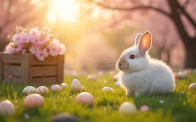 coniglietto di pasqua, 4k, primavera, sera, tramonto, uova di pasqua, coniglio bianco soffice, simpatici animali, buona pasqua, coniglietto, decorazioni pasquali, pasqua