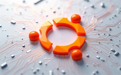 ubuntu orange logotyp i glas, 4k, linux, ubuntu orange skylt, vitt moderkort, ubuntu tecken, linux ubuntu, vit teknik bakgrund, ubuntu emblem, ubuntu 3d logotyp, ubuntu logotyp, ubuntu