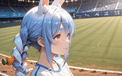 4k, usada pekora, été, terrain de baseball, youtubeur virtuel, carottes, vtuber, créatif, hololive, mangas, chaîne usada pekora, youtubeur virtuel usada pekora