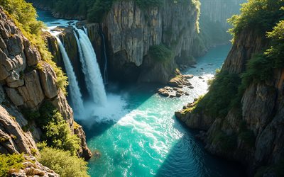 खूबसूरत झरना, चट्टानों, सुबह, सूर्योदय, झरना, पहाड़ी नदी, पहाड़ी परिदृश्य, पहाड़ी झरना