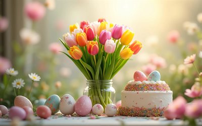 4k, بيض عيد الفصح, زهور التوليب الملونة, كعكة عيد الفصح, مزهرية, عيد فصح سعيد, زينة عيد الفصح, خوخه, أرانب عيد الفصح, خلفيات عيد الفصح, عيد الفصح