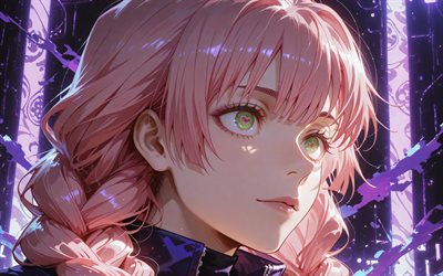 4k, Mitsuri Kanroji, portrait, violet abstract background, Demon Slayer, protagonist, pink hair, Demon Slayer Kimetsu no Yaiba, manga, Kanroji Mitsuri, Demon Hunter, Mitsuri Kanroji Kimetsu no Yaiba