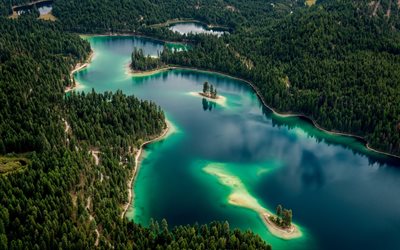beautiful lake, forest, coniferous forests, large lakes, islands, lake