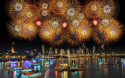 Taipei, Taiwan, yacht, fuochi d'artificio, il porto, le navi
