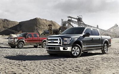 Ford F-250, Ford F-150, pickup trucks, Ford, 2016, quarry, sand