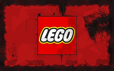 logo lego grunge, 4k, marchi di giocattoli, sfondo del grunge rosso, logo lego, opera d'arte, logo dei marchi, lego, marchi