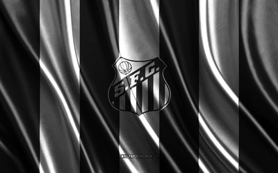 4k, logo santos fc, serie brasiliana a, consistenza della seta bianca nera, flag di santos fc, team di calcio brasiliana, calcio, bandiera di seta, emblema di santos fc, brasile, badge santos fc, santos