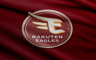 Tohoku Rakuten Golden Eagles fabric logo, 4k, red fabric background, NPB, bokeh, baseball, Tohoku Rakuten Golden Eagles logo, Tohoku Rakuten Golden Eagles emblem, japanese baseball team, Tohoku Rakuten Golden Eagles