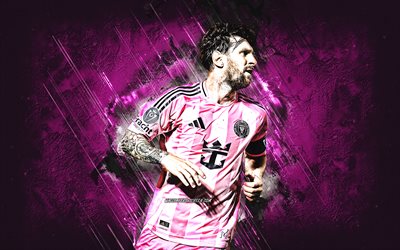 Lionel Messi, Inter Miami, Argentine football player, pink stone background, world football star, MLS, USA, football, Leo Messi, Lionel Messi Inter Miami