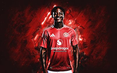 kobbie mainoo, manchester united fc, ingiliz futbolcu, kırmızı taş arka plan, grunge art, ingiltere, futbol, premier lig, kobbie mainoo manchester united, kobbie boateng mainoo